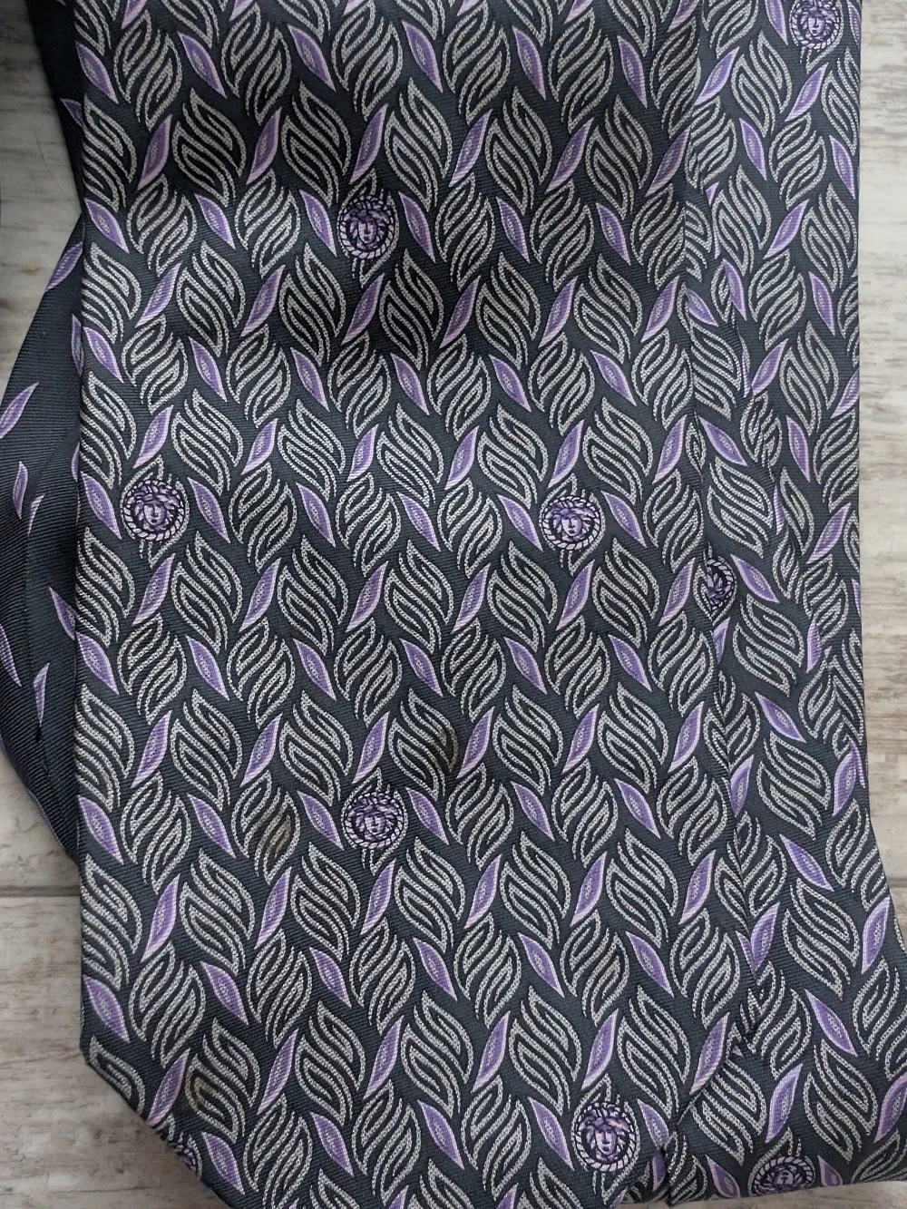 Versace Black & Purple Leaf Motif Silk Tie